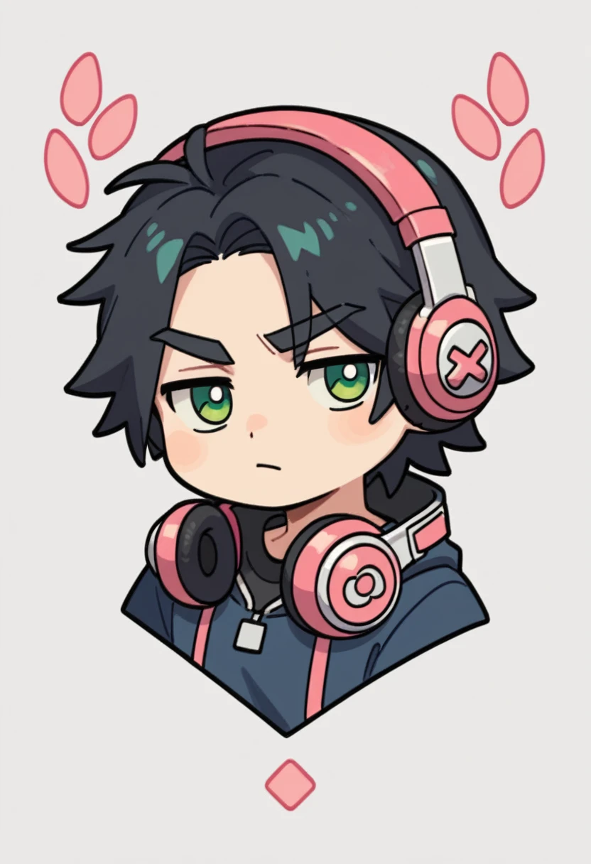 Expressiveh, chibiIcon, cartoon, 1male, black hair, medium length hair, depressed mood, headphones , green eyes, chibi style, blue and pink colored details, 