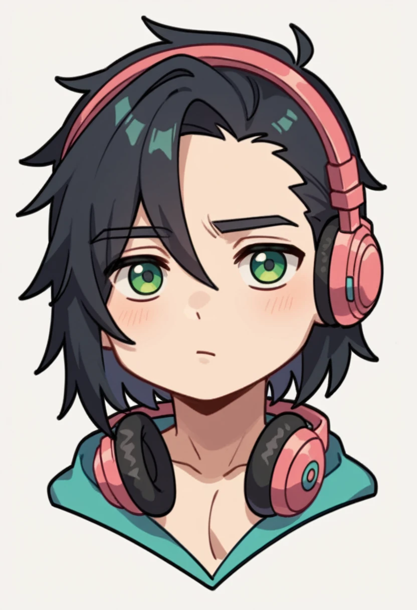 Expressiveh, chibiIcon, cartoon, 1male, black hair, medium length hair, depressed mood, headphones , green eyes, chibi style, blue and pink colored details, 