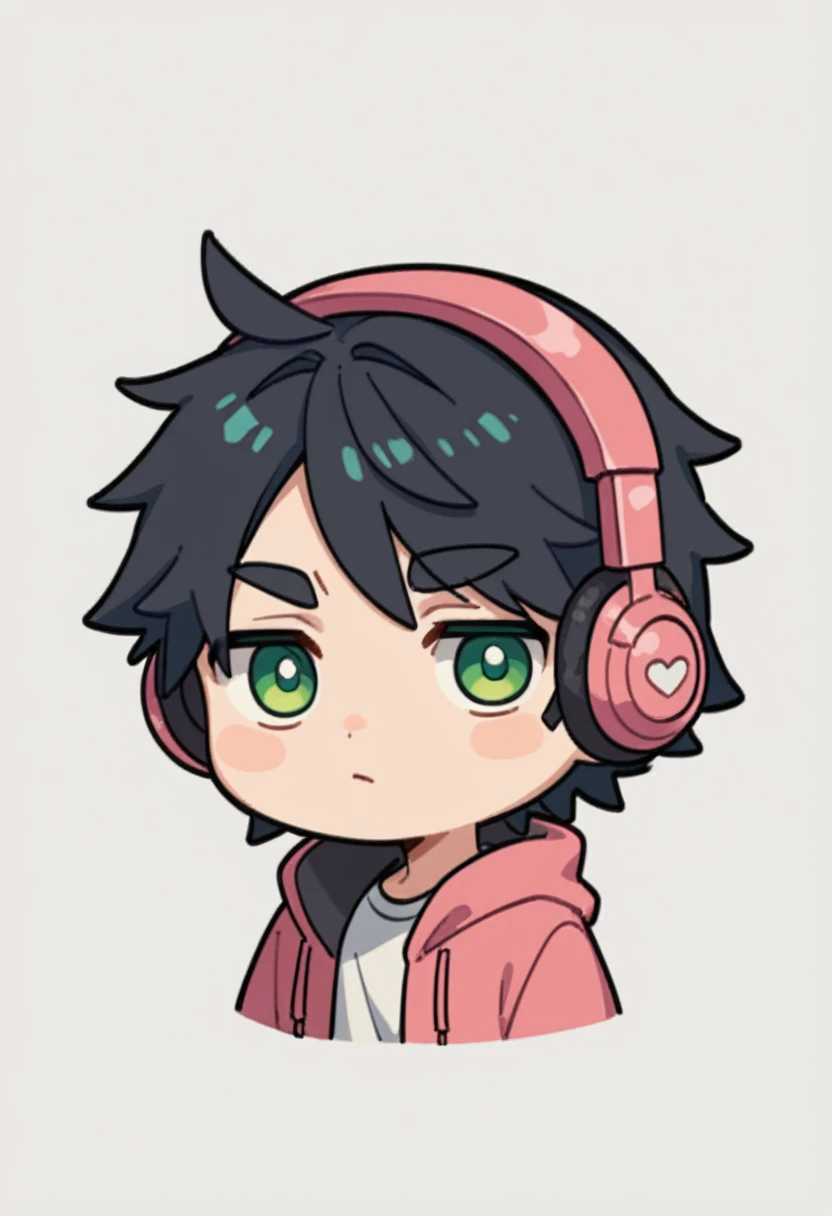 Expressiveh, chibiIcon, cartoon, 1male, black hair, medium length hair, depressed mood, headphones , green eyes, chibi style, blue and pink colored details, 