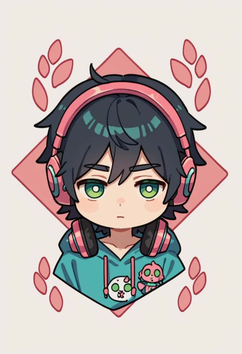 Expressiveh, chibiIcon, cartoon, 1male, black hair, medium length hair, depressed mood, headphones , green eyes, chibi style, blue and pink colored details, 