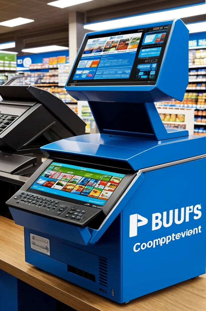 Best Quality, Can you give me a point of sale on a computer with blue backgrounds in a store