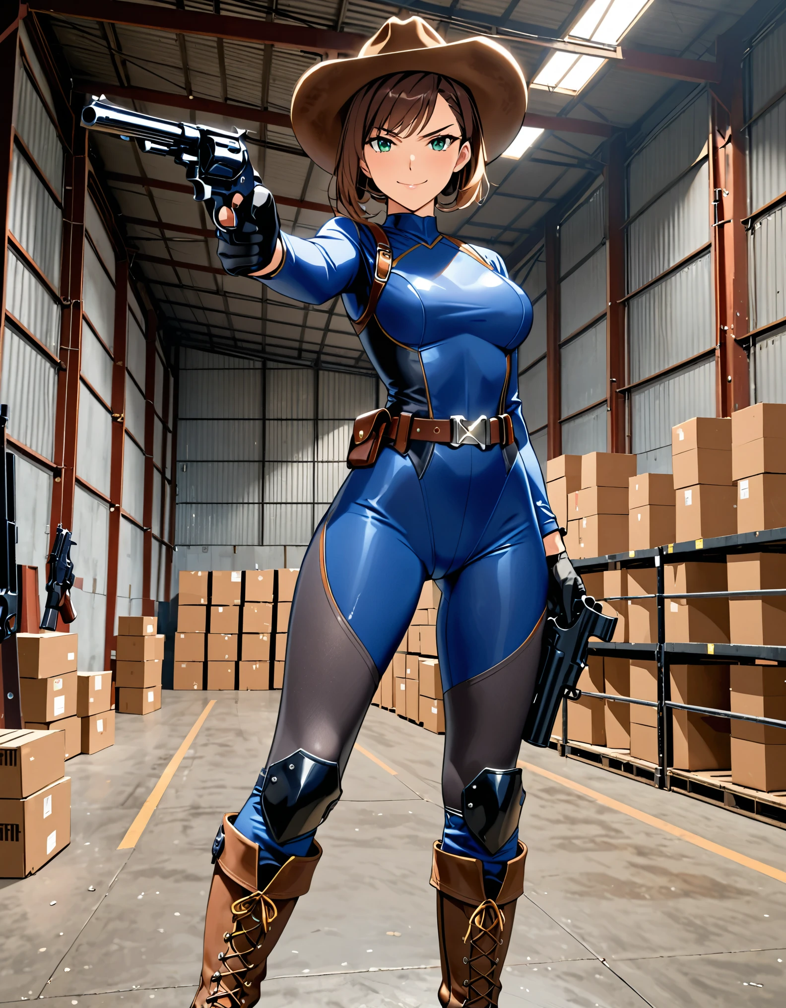 masterpiece, best quality, 1lady, solo, solo focus, (tall body), hispanic, brown hair, short hair, ponytail, blue-green eyes, medium breasts, beautiful detailed eyes, beautiful detailed face, smirk, ((brown cowboy hat)), (bodysuit, (solid blue bodysuit, leotard, dark blue leotard, skin-tight dark grey leggings), perfect fit), long sleeves, (gloves, dark blue gloves, matching gloves, boots, combat boots, dark blue boots, matching boots), drop-down pistol holster, knee pads)), ((pointing pistol at the viewer, revolver)), full body, cowboy shot, empty warehouse, danger atmosphere.