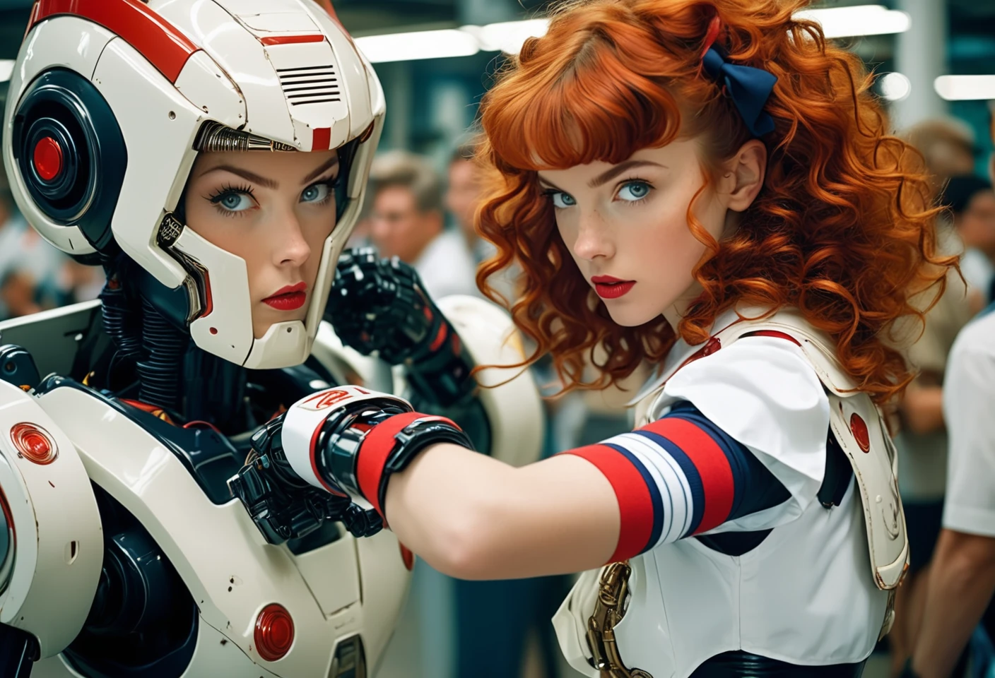 Girl fighting a robot. BREAK Photo of a redhead woman with perm wavy hair and bang, wearing sailor fuku, red wristbands. fighting a Robot. style by J.C. Leyendecker. Canon 5d Mark 4, Kodak Ektar, 35mm, raw file