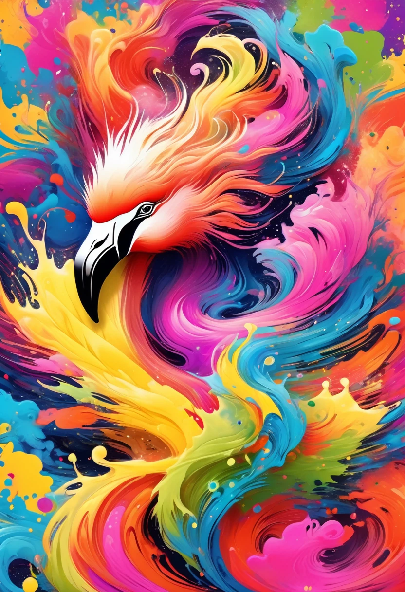 vectorial art, Colorful illustration with flamingo, At the center, swirly vibrant colors，graffiti art，ink spatter，Wild and unbridled，paint splash painting，rich and colorful，visual impact,modern aesthetic,Elegant and simple