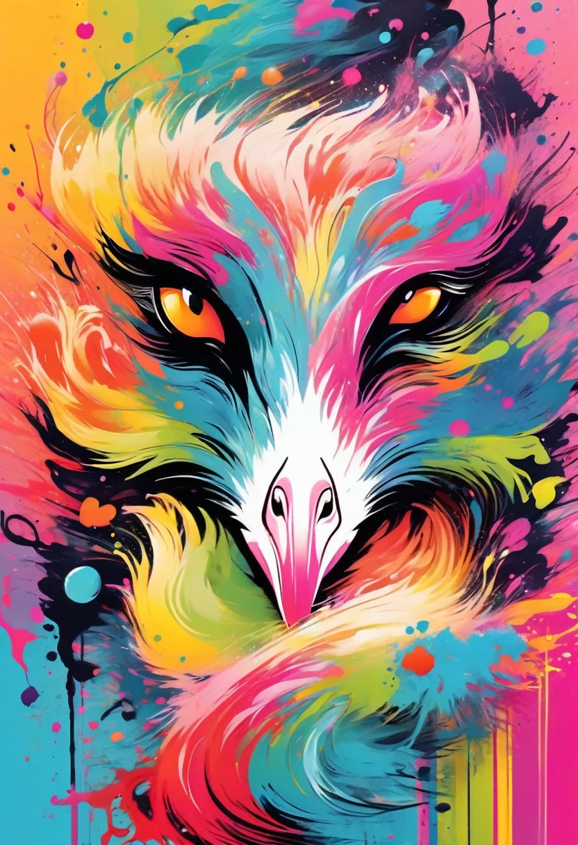 vectorial art, Colorful illustration with flamingo, At the center, swirly vibrant colors，graffiti art，ink spatter，Wild and unbridled，paint splash painting，rich and colorful，visual impact,modern aesthetic,Elegant and simple