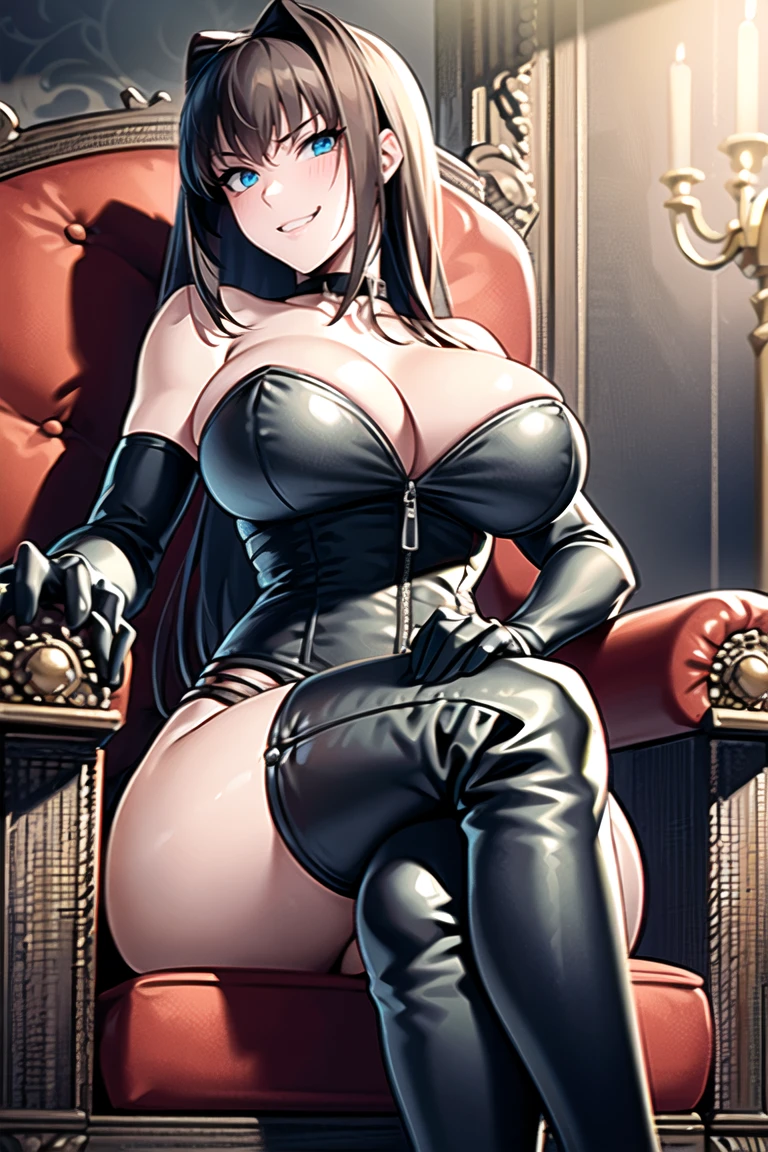 Leaning back in the chair, (((hands on the chair, Leaning on a chair's armrest))), pantyhose, bondage, leotard, latex, heels, harness, blue eyes, brown hair, intake, long hair, masterpiece, best quality, ultra detailed, beautiful, masterwork, ultra high res, super fine illustration, cg unity 8k wallpaper, cleavage, large breasts, cowboy shot, dominatrix, black clothes, dare shoulder, elbow gloves, thigh boots, perfect hands, perfect eyes, ultra detailed beautiful face, gleaming skin, oil skin, shiny skin, sitting, antique chair, throne, mistress, gloves, shiny clothes, adult, (((crossed legs))), two legs, both legs, perfect legs, armchair, arms on armchair, bdsm, zipper, corset, gloves, fair skin, fearless face, choker, evil grin, dimpled smile, smile broadly, rape face, scary face, full face blush,