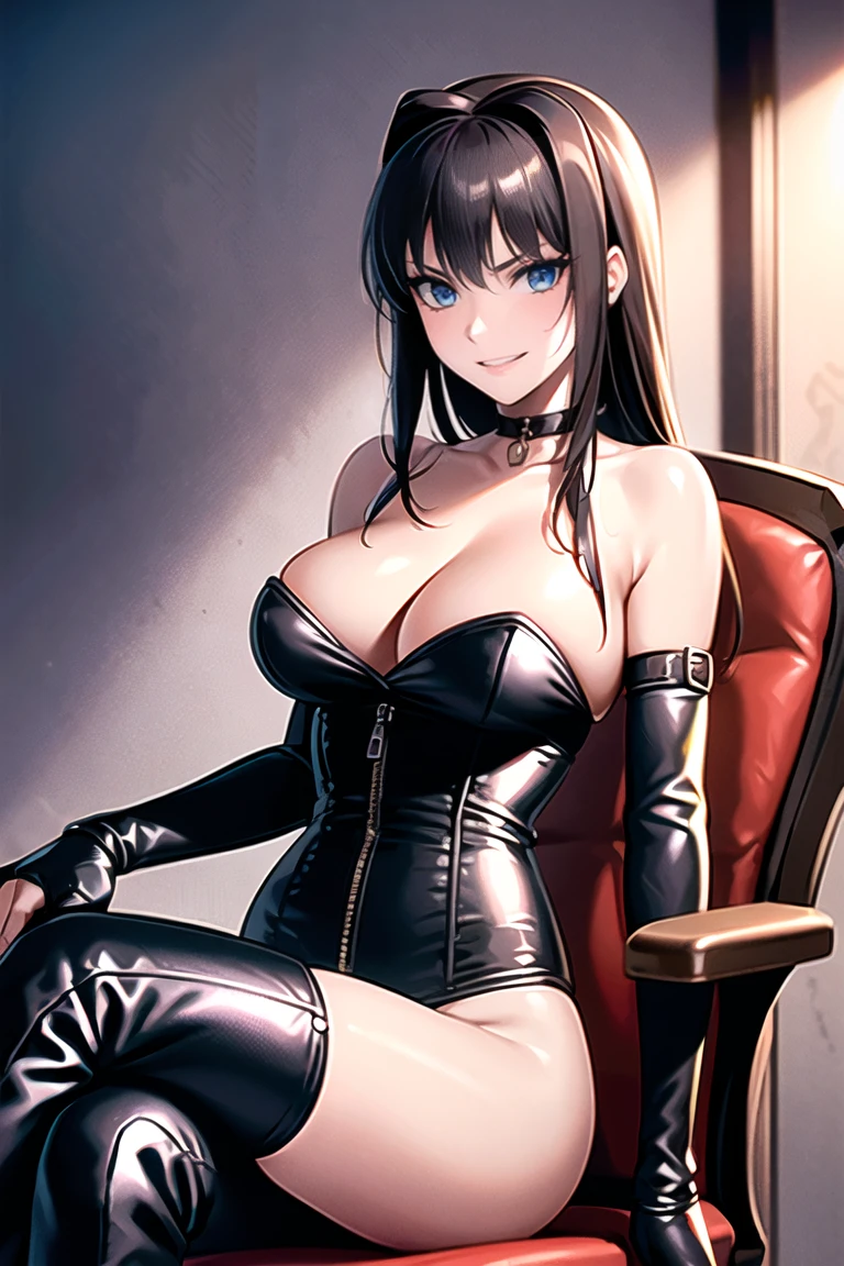 Leaning back in the chair, (((hands on the chair, Leaning on a chair's armrest))), pantyhose, bondage, leotard, latex, heels, harness, blue eyes, brown hair, intake, long hair, masterpiece, best quality, ultra detailed, beautiful, masterwork, ultra high res, super fine illustration, cg unity 8k wallpaper, cleavage, large breasts, cowboy shot, dominatrix, black clothes, dare shoulder, elbow gloves, thigh boots, perfect hands, perfect eyes, ultra detailed beautiful face, gleaming skin, oil skin, shiny skin, sitting, antique chair, throne, mistress, gloves, shiny clothes, adult, (((crossed legs))), two legs, both legs, perfect legs, armchair, arms on armchair, bdsm, zipper, corset, gloves, fair skin, fearless face, choker, evil grin, dimpled smile, smile broadly, rape face, scary face, full face blush, 