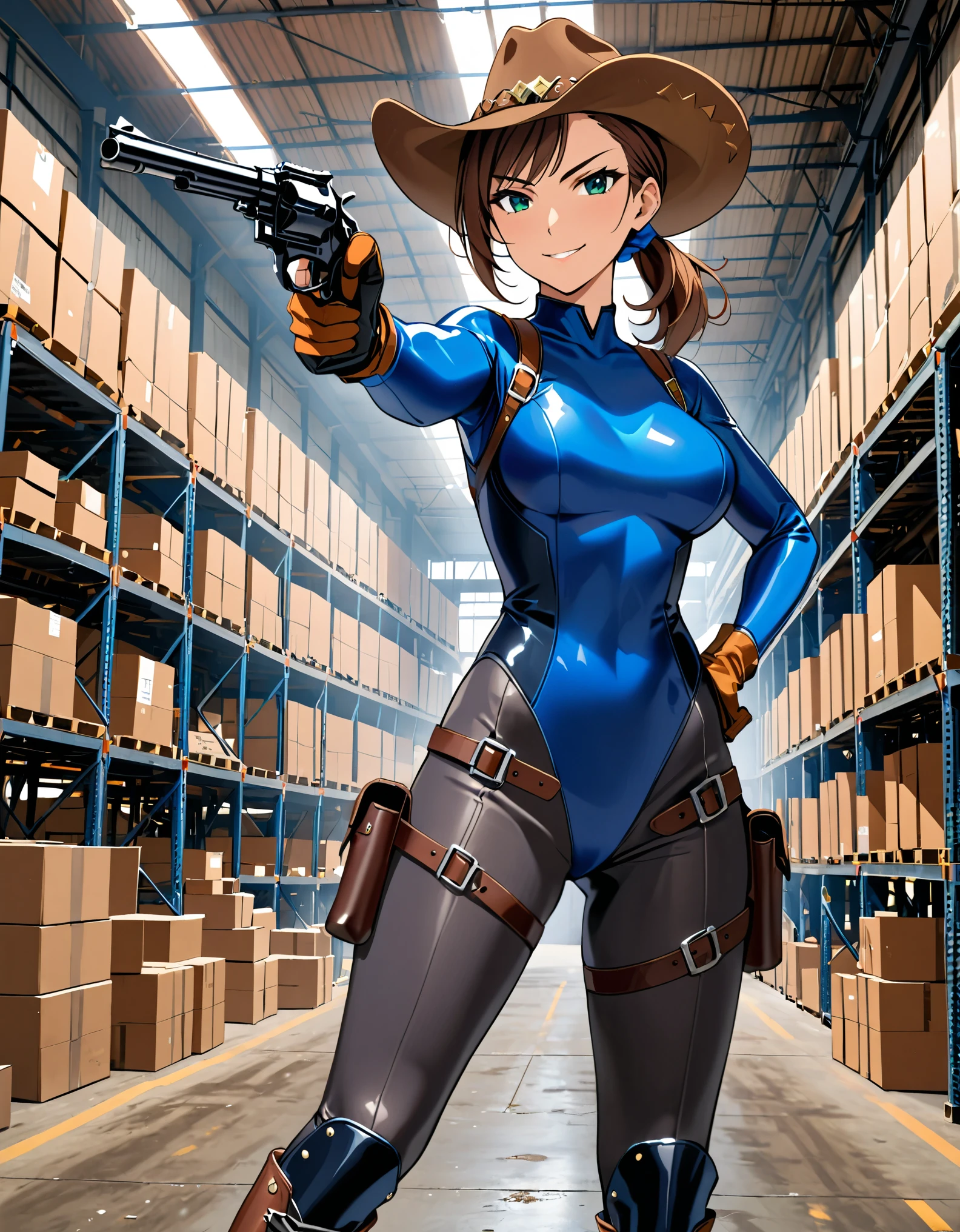 masterpiece, best quality, 1lady, solo, solo focus, (tall body), hispanic, brown hair, short hair, ponytail, blue-green eyes, medium , beautiful detailed eyes, beautiful detailed face, smirk, ((brown cowboy hat)), (bodysuit, (solid blue bodysuit, leotard, dark blue leotard, skin-tight dark grey leggings), perfect fit), long sleeves, (gloves, dark blue gloves, matching gloves, boots, combat boots, dark blue boots, matching boots), drop-down pistol holster, knee pads)), ((pointing pistol at the viewer, revolver)), full body, cowboy shot, empty warehouse, danger atmosphere.