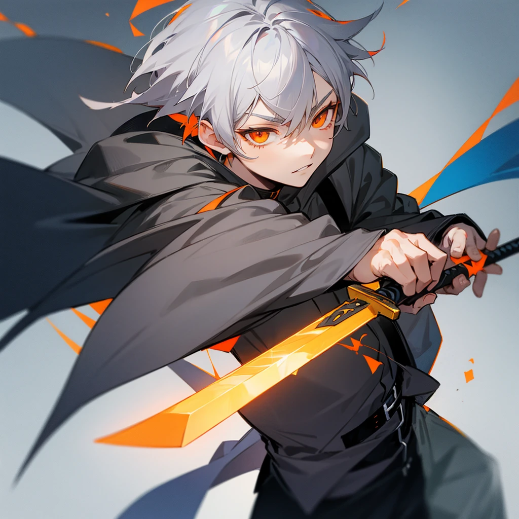 Male character with gray hair and orange eyes and with sword