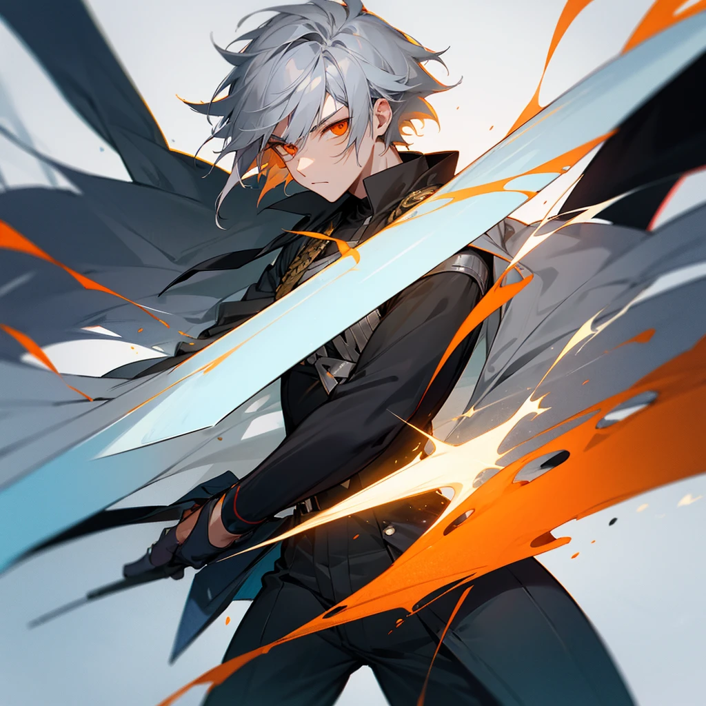 Male character with gray hair and orange eyes and with sword