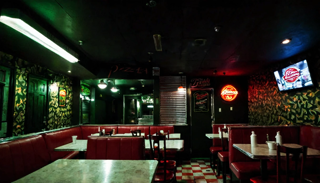 first person view, inside the pizza house, dark night, no people in the place