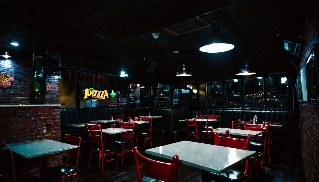 first person view, inside the pizza house, dark night, no people in the place