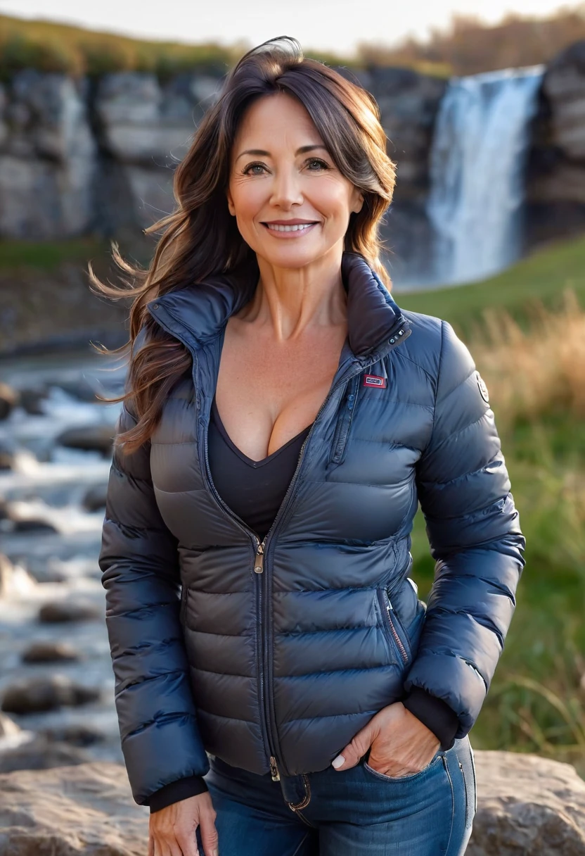 Mature woman of 45 years old full body with hair in a ponytail and dark layers falling on her face, medium size, beautiful face and perfect body, large and round sagging breasts, hands behind her head, smile, firm skin, standing in the bedroom posing for a photo, she is wearing a black goose down jacket and a large neckline. ,red jeans, view from behind. Mature beauty that leaves you speechless, perfect face and body, attractive, beautiful hair, beautiful milf, charming mature milf, beautiful 45 years old, beautiful milf with dark hair with blue highlights at the ends, beautiful detailed body and face, a beautiful milf, background of a waterfall in the middle of the open field, golden hour, beautiful sunset
