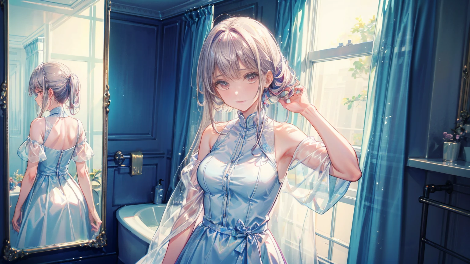 Beautiful woman、Draw a scene of Misaki standing in front of the bathroom mirror.。Misaki is wearing a transparent dress with a light mist-like texture.。The dress symbolized her loneliness.、It gives a heavy yet ephemeral feeling.。Her expression is sad and introspective.、I&#39;m looking at myself in the mirror。The background is a simple and contemporary bathroom.、The soft morning light shines in、There&#39;s a little bit of steam。The cityscape is faintly reflected in the mirror.。