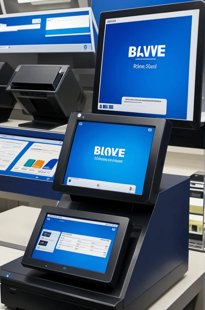 Best Quality, Can you give me a point of sale on a computer with blue backgrounds in a store that shows that a person is using it?