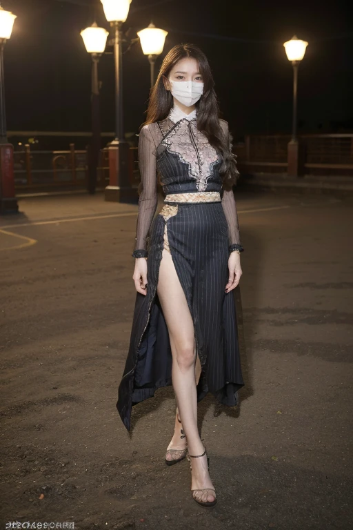 ((original photography:1.2)),Photographed by mobile phone,RAW photos,(masterpiece, Top quality, best quality,Official Art, beautiful and aesthetic:1.2),Night view of Beijing,violent storm,1 Girl, Perfect body,Full body portrait,Fashion的头发, Very long hair, delicate eyes, Side Light, Sweating,(With a mask), Huge breasts,Fashion的民族服飾,Tight long skirt,(intricate ethnic costumes、embroidery、stripe、pattern、Fashion、Hollow),Long slender legs