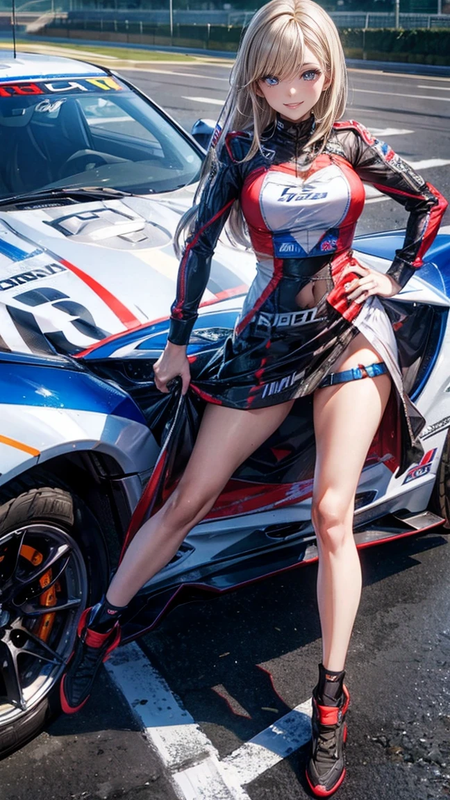 One Woman Race Queen Posing for the camera in front of a sports car High leg Low - Angle Cute smile