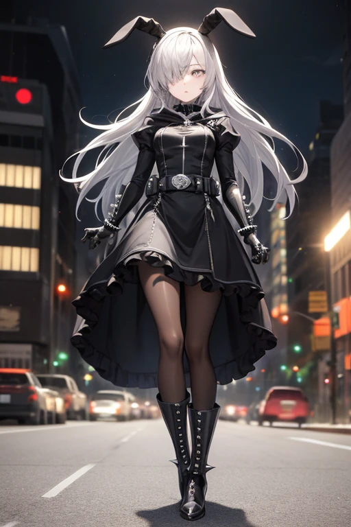 ((best quality)), ((masterpiece)), (detailed), 1 girl, Full body, 18 years old, Depressed face, Silver eyes, One eyed, Arms outstretched, Eyes covered, Silver hair, Long hair, Spiky hair, Bangs, Strand of hair covering eye, Full body, Very tall, Athletic, Small breasts, Slim, Gray zippered hood, Metal spikes, Gray wristbands, Long black spiked gloves, Gray Gothic ta dress, Gray dress with metal spikes, Metal emblem, Tight fit, Black belt, Black pantyhose, Black boots, Walking through the city, Metal spikes coming out of the highway, City background, Gray clothes, Superhero, Anime, Plush rabbit in her arms