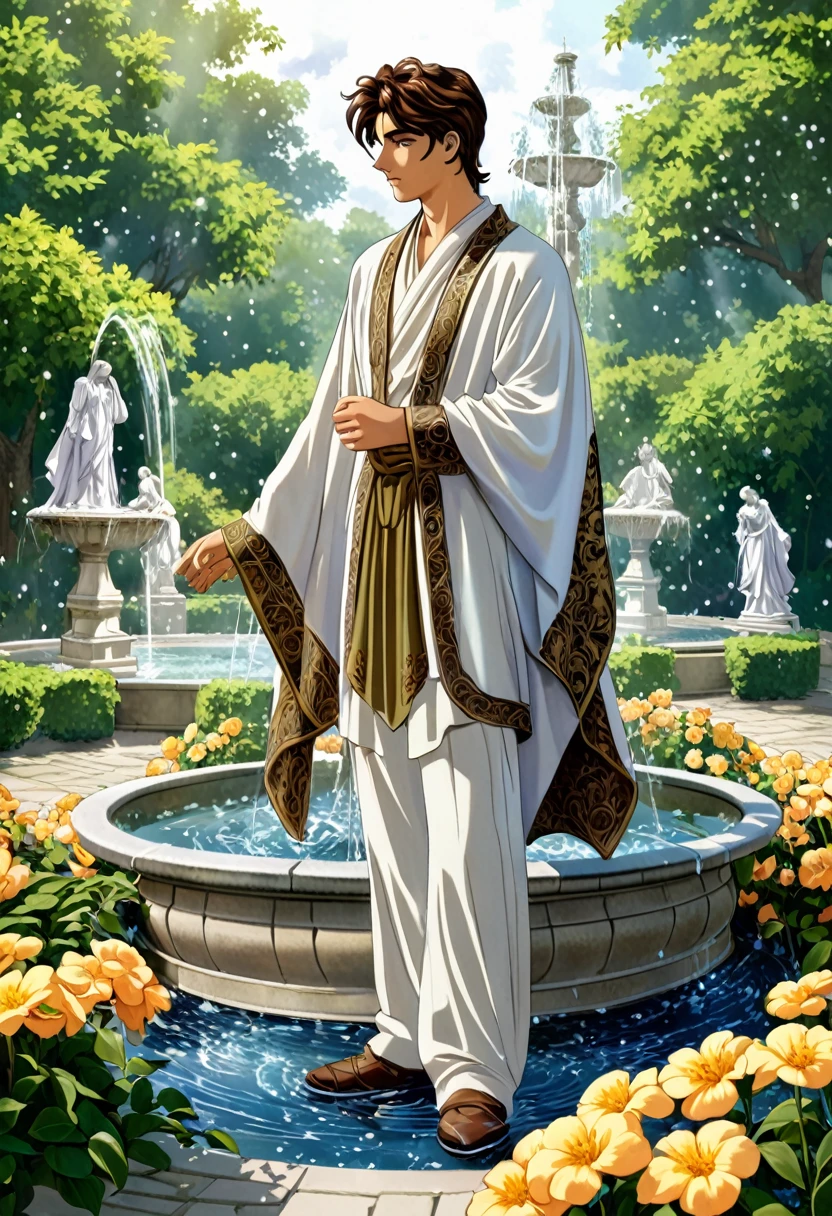 ""Create a detailed fantasy close-up artwork of a boy standing in a grand, ornate fountain in a magical courtyard. He should be dressed in elegant, classic attire with intricate details, such as a finely embroidered tunic and flowing trousers. Water should cascade around him, with droplets catching the light to create a sparkling effect. His hair should be slightly tousled, and his expression should be one of calm and contemplation. Surrounding the fountain, include elements like blooming flowers, lush greenery, and delicate statues, all bathed in soft, ethereal lighting to enhance the magical ambiance."