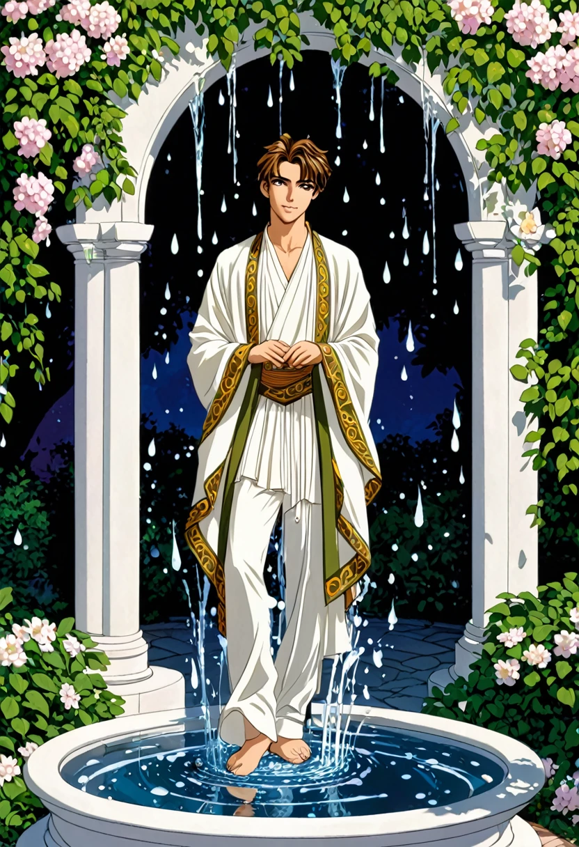 ""Create a detailed fantasy close-up artwork of a boy standing in a grand, ornate fountain in a magical courtyard. He should be dressed in elegant, classic attire with intricate details, such as a finely embroidered tunic and flowing trousers. Water should cascade around him, with droplets catching the light to create a sparkling effect. His hair should be slightly tousled, and his expression should be one of calm and contemplation. Surrounding the fountain, include elements like blooming flowers, lush greenery, and delicate statues, all bathed in soft, ethereal lighting to enhance the magical ambiance."