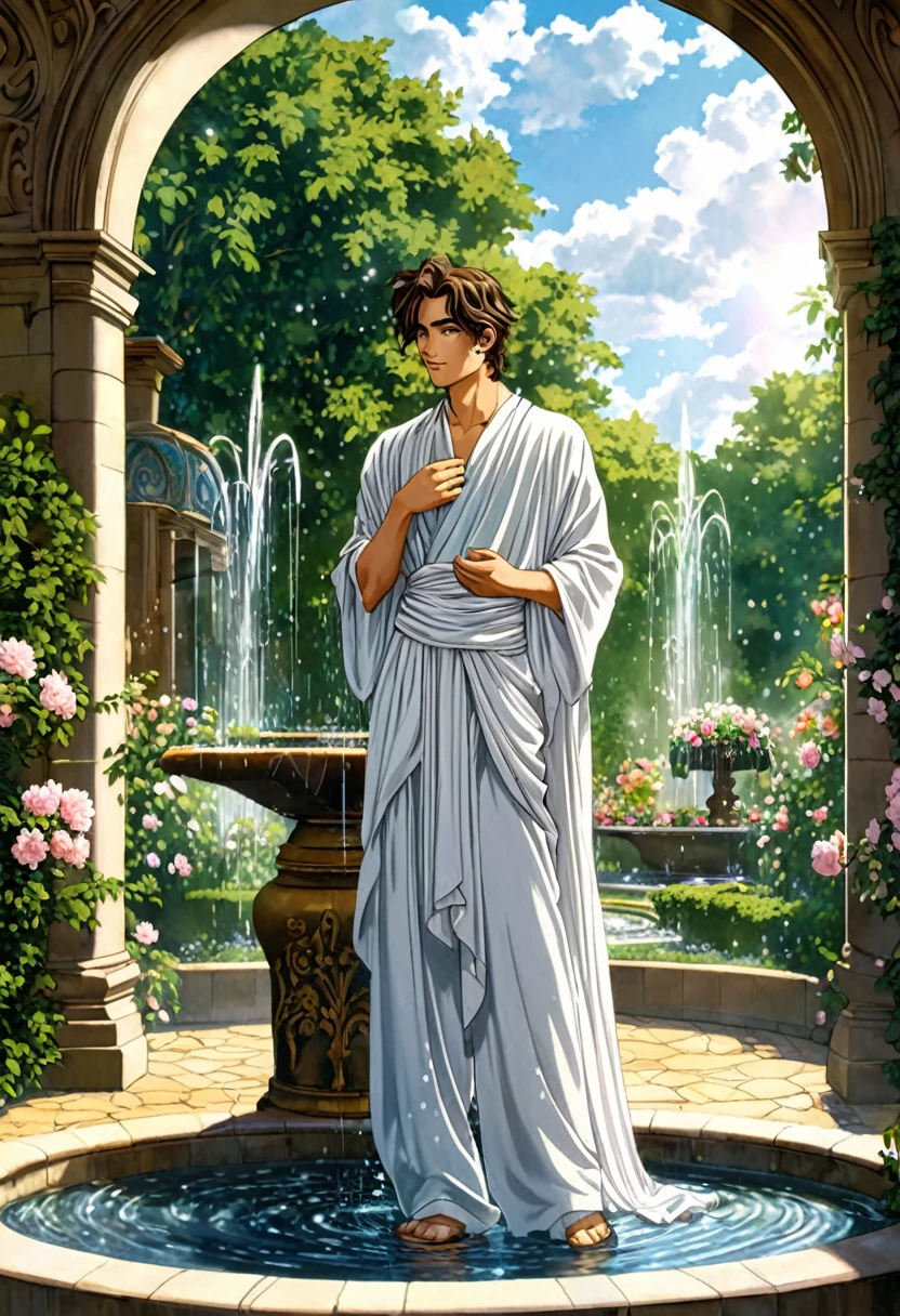 ""Create a detailed fantasy close-up artwork of a boy standing in a grand, ornate fountain in a magical courtyard. He should be dressed in elegant, classic attire with intricate details, such as a finely embroidered tunic and flowing trousers. Water should cascade around him, with droplets catching the light to create a sparkling effect. His hair should be slightly tousled, and his expression should be one of calm and contemplation. Surrounding the fountain, include elements like blooming flowers, lush greenery, and delicate statues, all bathed in soft, ethereal lighting to enhance the magical ambiance."