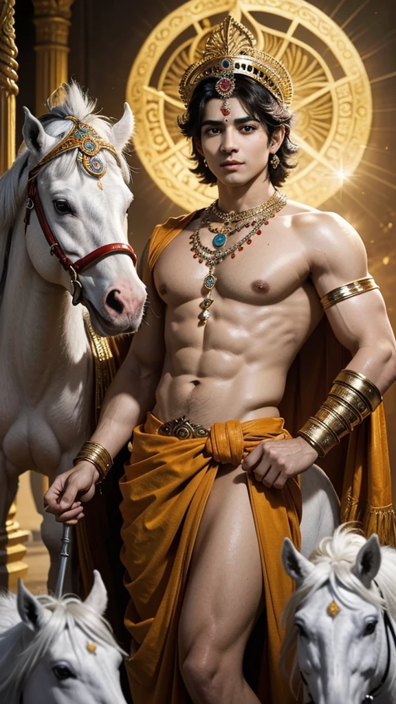 Based on Hindu Mythology, Sanatan Dharm, The Great Lord Shri Krishna from most ancient times of Mahabharat, Mega War Scene, Total Havoc, Insane destruction, Lord Krishna standing tall and heavenly creates different among all, with most auspicious and influencing and dominating personality, Controlling the chariotte, Complete divine presence, verygood quality very realistic 4k depiction, krishna as Saviour,Krishna as God, Hindu God, Real God, Most Powerful God krishna has flute in hand, and peacock feather on fore head, chariotte With four horses, white horses pulling the charriots of Lord Krishna, The Hindu Mythic God , ancient Hinder attire with Jewellary with masculine lean Body, Tall and charismatic Personality, Complete heavenly Vibe,