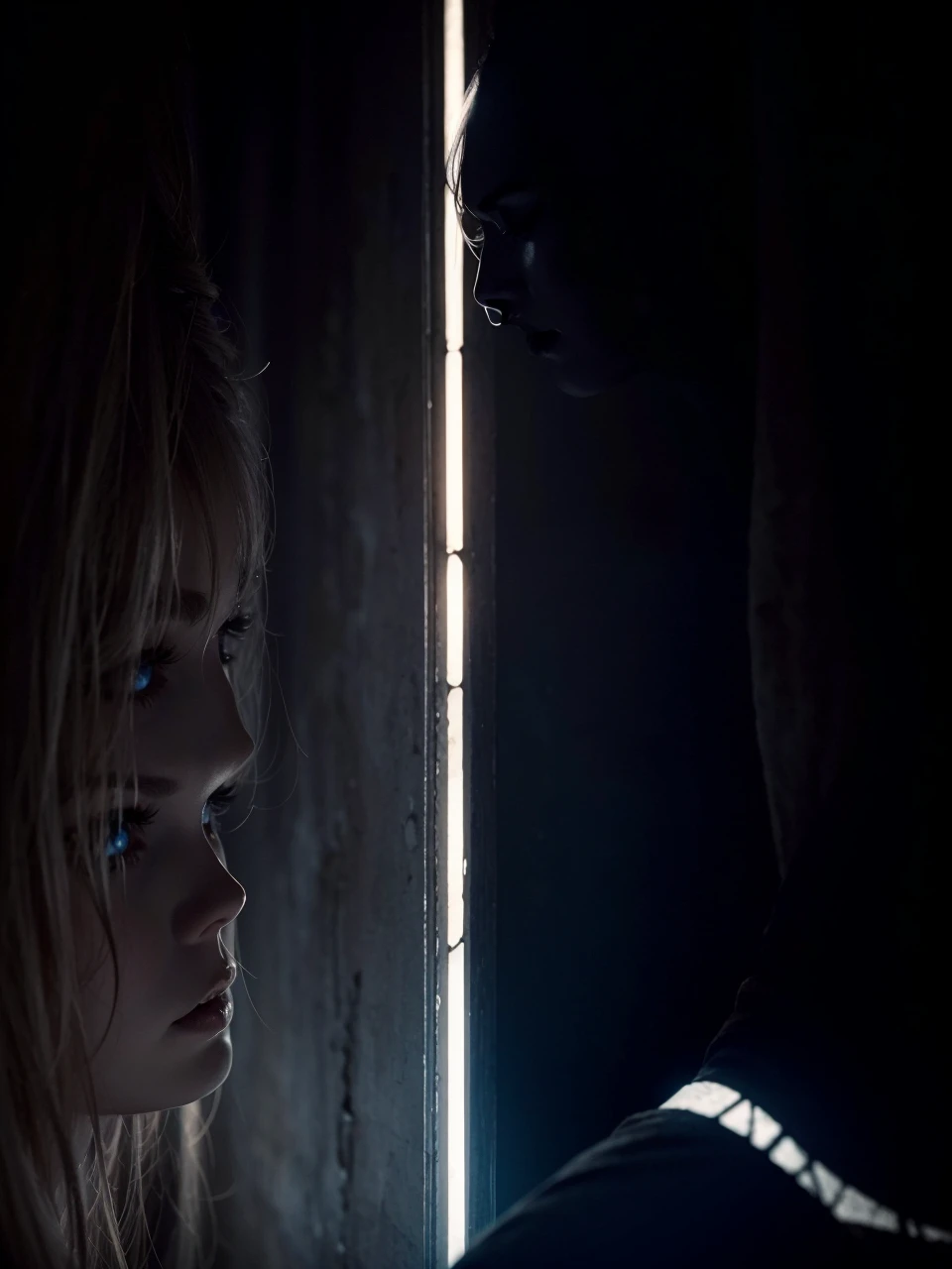 a ghost peeking from a small gap, detailed ethereal face, glowing pale skin, wispy translucent body, mysterious aura, cinematic lighting, dark moody atmosphere, high contrast, dramatic shadows, gothic horror, dark fantasy