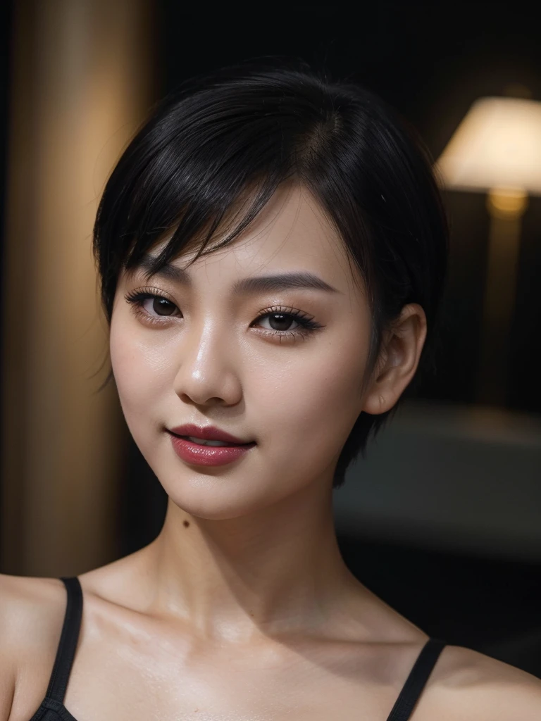 A selfie of a Chinese girl with short hair ((close up photo)) ((best quality)), ((masterpiece)), (detailed), perfect face, ((8k quality pic)) natural lighting, night time, from the side , smile, (perfect shiny black eyes) (natural lipstick), a selfie picture from a girl