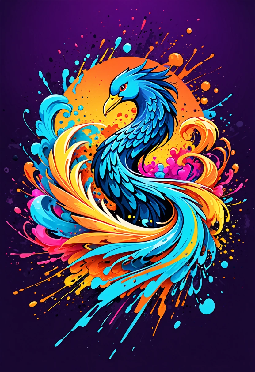 T-shirt logo with vector art, Colorful illustration with Phoenix, At the center, swirly vibrant colors，graffiti art，ink spatter，UHD quality, details in 16k, Wild and unbridled，paint splash painting，rich and colorful，visual impact,modern aesthetic,Elegant and simple, hawaii island background