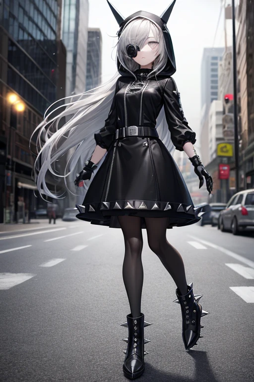 ((best quality)), ((masterpiece)), (detailed), 1 girl, Full body, 18 years old, Depressed face, Silver eyes, One eyed, Arms outstretched, Eyes covered, Silver hair, Long hair, Spiky hair, Bangs, Strand of hair covering eye, Full body, Very tall, Athletic, Small breasts, Slim, Gray zippered hood, Metal spikes, Gray wristbands, Long black spiked gloves, Gray Gothic Lolita dress, Gray dress with metal spikes, Metal emblem, Tight fit, Black belt, Black pantyhose, Black boots, Walking through the city, Metal spikes coming out of the highway, City background, Gray clothes, Superhero, Anime, Plush rabbit in her arms