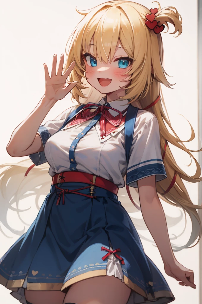 masterpiece, akai haato, hololive, 1girl, bangs, blonde hair, blue eyes, blush, breasts, collared shirt, hair between eyes, hair ornament,heart, heart hair ornament, long hair, medium breasts, neck ribbon, one side up, red ribbon, ribbon, shirt, short sleeves, sidelocks, simple background, smile, solo, sparkle, virtual youtuber, white background, white shirt, cowboy shot, :d, blue skirt,v,waving