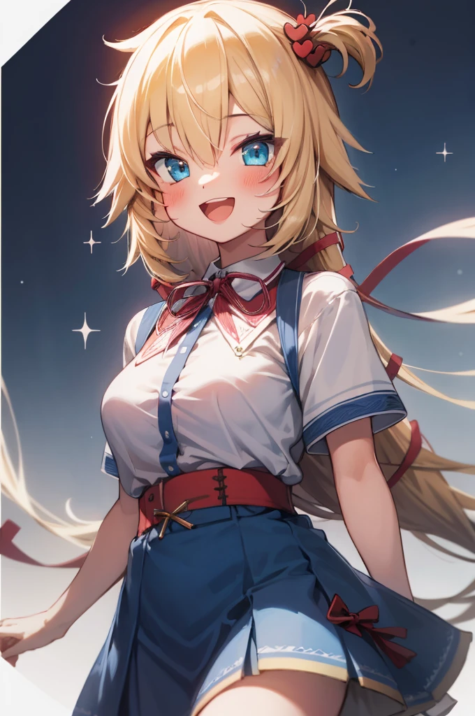 masterpiece, akai haato, hololive, 1girl, bangs, blonde hair, blue eyes, blush, breasts, collared shirt, hair between eyes, hair ornament,heart, heart hair ornament, long hair, medium breasts, neck ribbon, one side up, red ribbon, ribbon, shirt, short sleeves, sidelocks, simple background, smile, solo, sparkle, virtual youtuber, white background, white shirt, cowboy shot, :d, blue skirt,v,waving