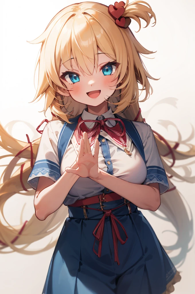 masterpiece, akai haato, ho****ve, 1girl, bangs, blonde hair, blue eyes, blush, breasts, collared shirt, hair between eyes, hair ornament,heart, heart hair ornament, long hair, medium breasts, neck ribbon, one side up, red ribbon, ribbon, shirt, short sleeves, sidelocks, simple background, smile, solo, sparkle, virtual youtuber, white background, white shirt, cowboy shot, :d, blue skirt,v,waving