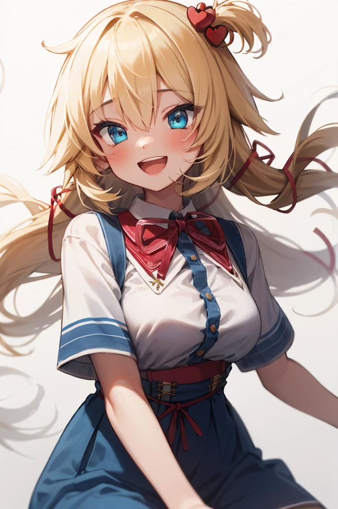 masterpiece, akai haato, ho****ve, 1girl, bangs, blonde hair, blue eyes, blush, breasts, collared shirt, hair between eyes, hair ornament,heart, heart hair ornament, long hair, medium breasts, neck ribbon, one side up, red ribbon, ribbon, shirt, short sleeves, sidelocks, simple background, smile, solo, sparkle, virtual youtuber, white background, white shirt, cowboy shot, :d, blue skirt,v,waving