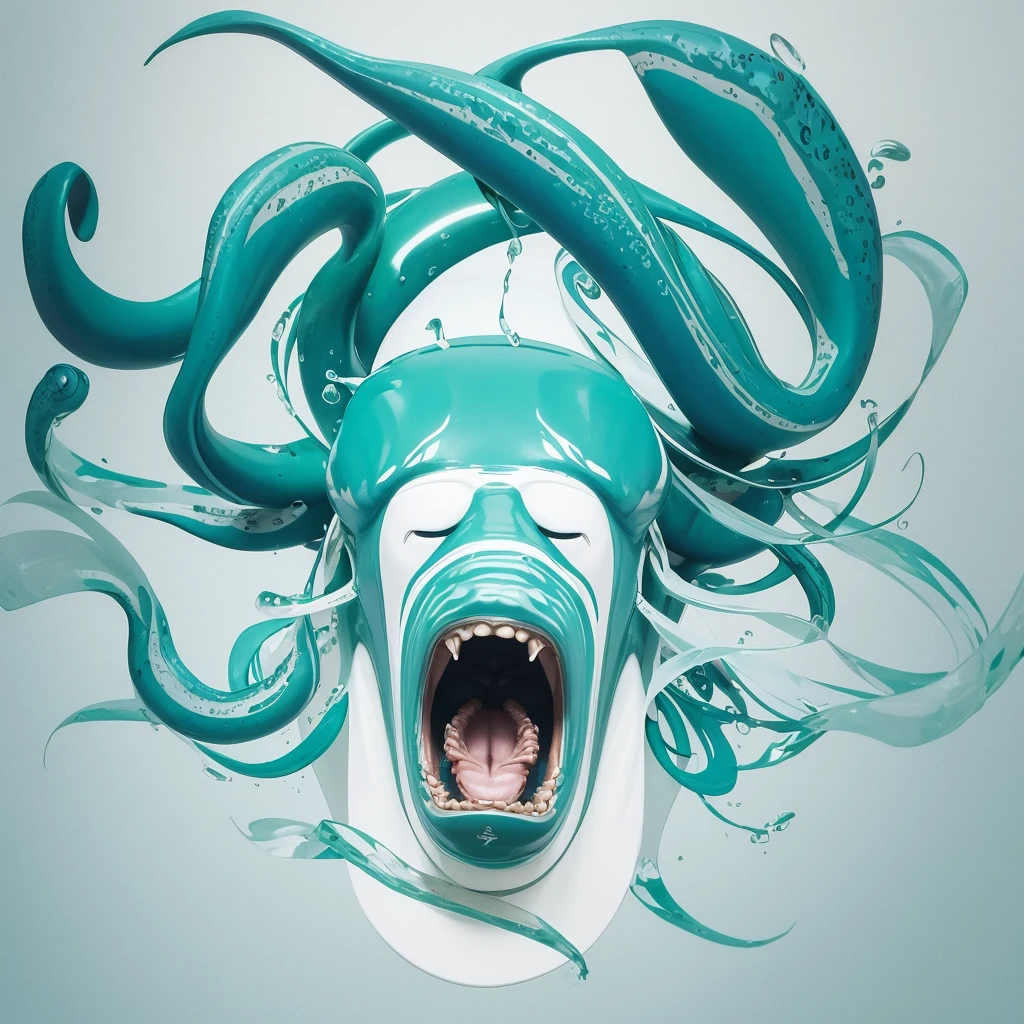 vector T-shirt professional design, modern contemporary graphics design, blue-green tones, (((white background))), featuring a happy charming ancient giant squid with water out of his mouth and girls