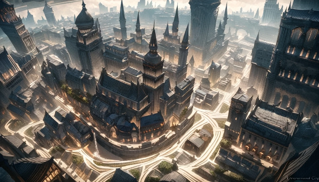 anime aestetics, anime scenery,( unerground city:2), medieval city, shining celling, blue, grey and white colours, mystic city, gothic architecture, multy leveled city, elden ring, dark fantasy, dnd, beautiful scenery, nokron, dim light, white candles, wide shot, from above, atmospheric perspective, perspective, highres, best quality, 8k, super detail, masterpiece