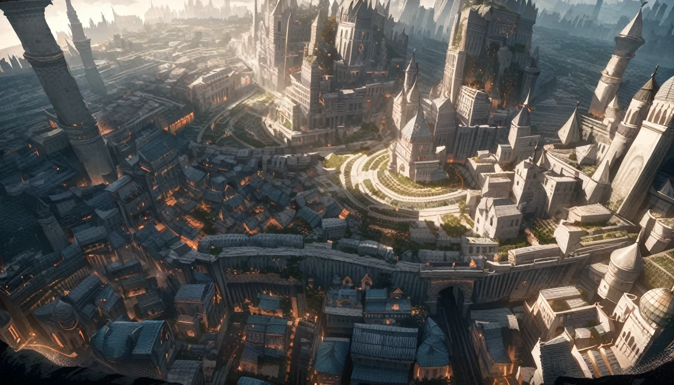 anime aestetics, anime scenery,( unerground city:2), medieval city, shining celling, blue, grey and white colours, mystic city, gothic architecture, multy leveled city, elden ring, dark fantasy, dnd, beautiful scenery, nokron, dim light, white candles, wide shot, from above, atmospheric perspective, perspective, highres, best quality, 8k, super detail, masterpiece
