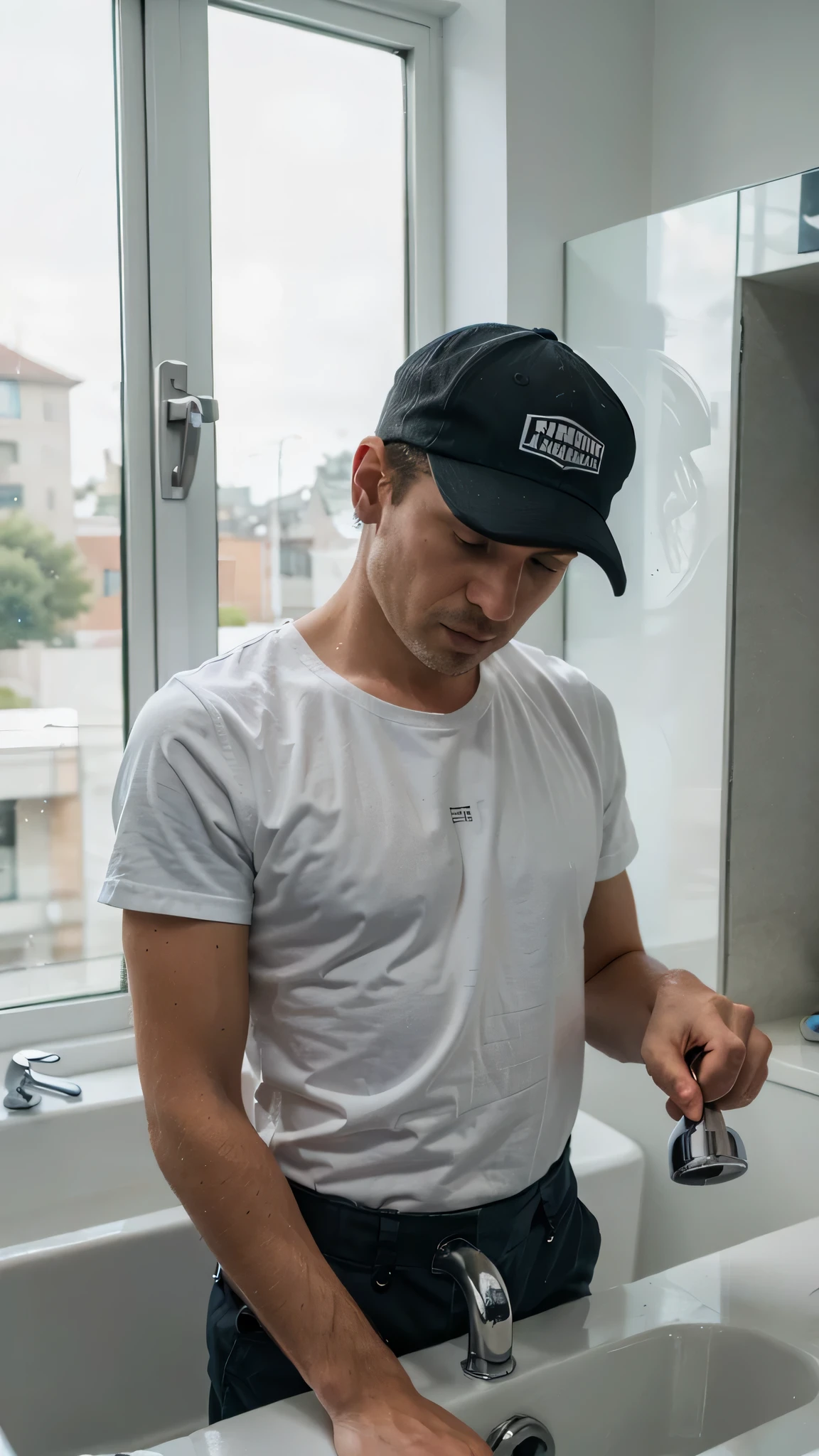 perfect detailed, man plumber, drinking water, view on the sink