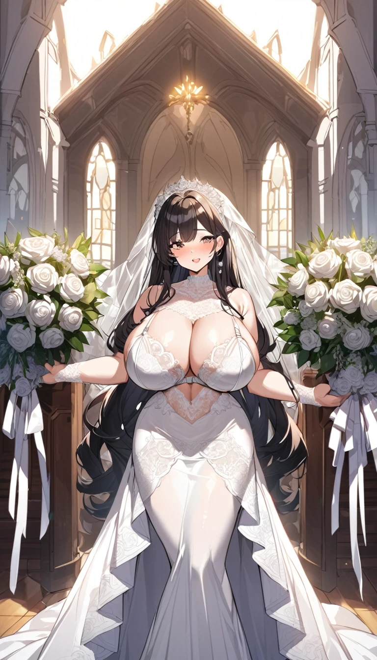 Girl with huge sagging breasts wearing a provocative wedding bra with a huge lace neckline ,bridal veil and bouquet at the altar