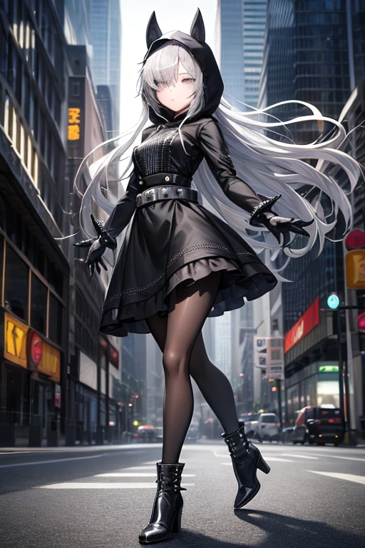 ((best quality)), ((masterpiece)), (detailed), 1 girl, Full body, 18 years old, Depressed face, Silver eyes, One eyed, Arms outstretched, Eyes covered, Silver hair, Long hair, Spiky hair, Bangs, Strand of hair covering eye, Full body, Very tall, Athletic, Small breasts, Slim, Gray zippered hood, Metal spikes, Gray wristbands, Long black spiked gloves, Gray Gothic Lolita dress, Gray dress with metal spikes, Metal emblem, Tight fit, Black belt, Black pantyhose, Black boots, Walking through the city, Metal spikes coming out of the highway, City background, Gray clothes, Superhero, Anime, Plush rabbit in her arms