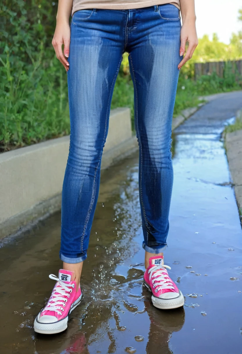 blonde woman, blue eyes, inviting smile, ((skinny jeans)), converse chuck sneakers, tank top, peeing shorts, pee runs down legs into sneakers, pee puddles around sneakers, pee stains are gleaming wet, ((sneakers are soaking wet))