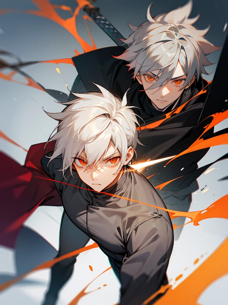 Male character with gray hair and orange eyes and with sword