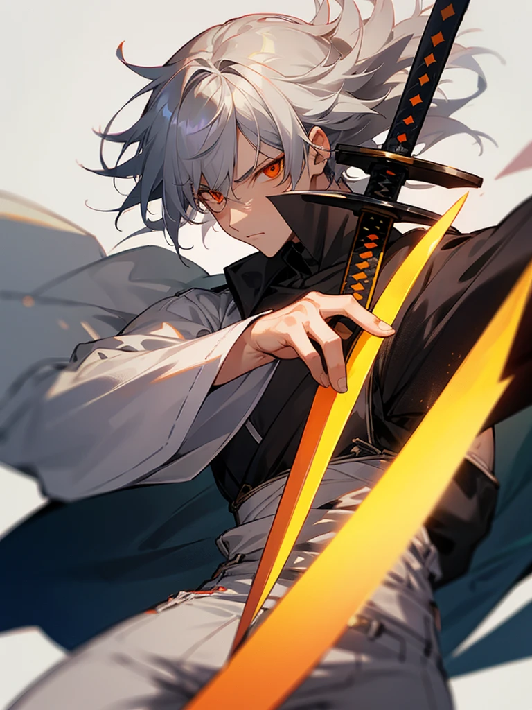 Male character with gray hair and orange eyes and with sword