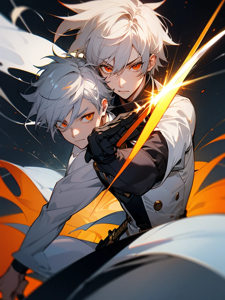 Male character with gray hair and orange eyes and with sword