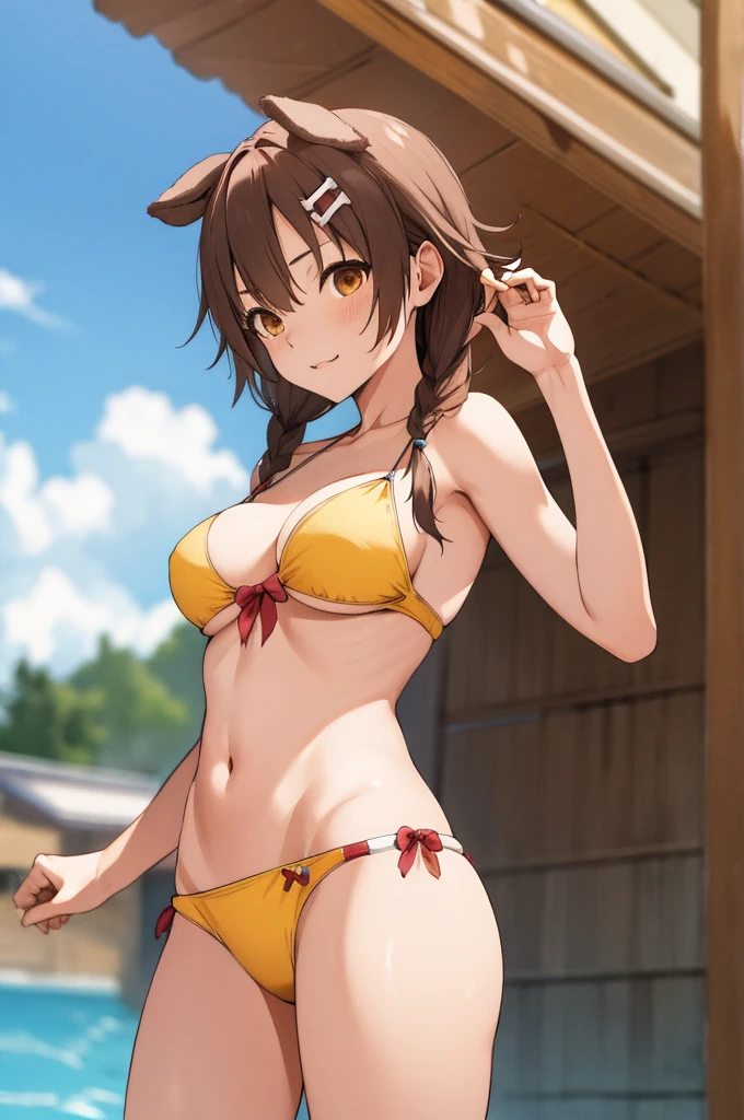 masterpiece, best quality, highres, ik4, animal ears, swimsuit, yellow bikini, hairclip, standing, cowboy shot,