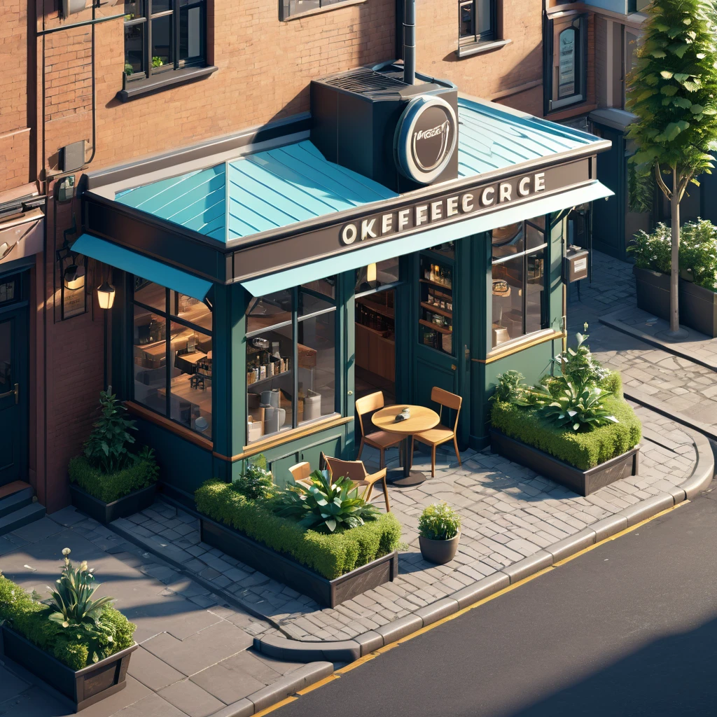 (Isometric style:1.5),(high quality,Masterpiece,Octane Rendering,Ray Tracing,Extremely detailed,3d,8K:1.5) ,Street entrance,Coffee Shop,car,