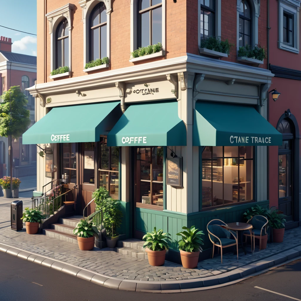 (Isometric style:1.5),(high quality,Masterpiece,Octane Rendering,Ray Tracing,Extremely detailed,3d,8K:1.5) ,Street entrance,Coffee Shop,car,