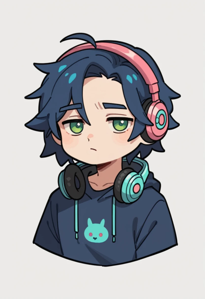 Expressiveh, chibiIcon, cartoon, 1male, very dark blue  hair, medium length hair, depressed mood, headphones , green eyes, chibi style, blue and neon pink colored details,