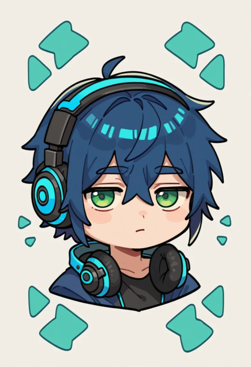 Expressiveh, chibiIcon, cartoon, 1male, very dark blue  hair, medium length hair, depressed mood, headphones , green eyes, chibi style, blue and neon pink colored details,