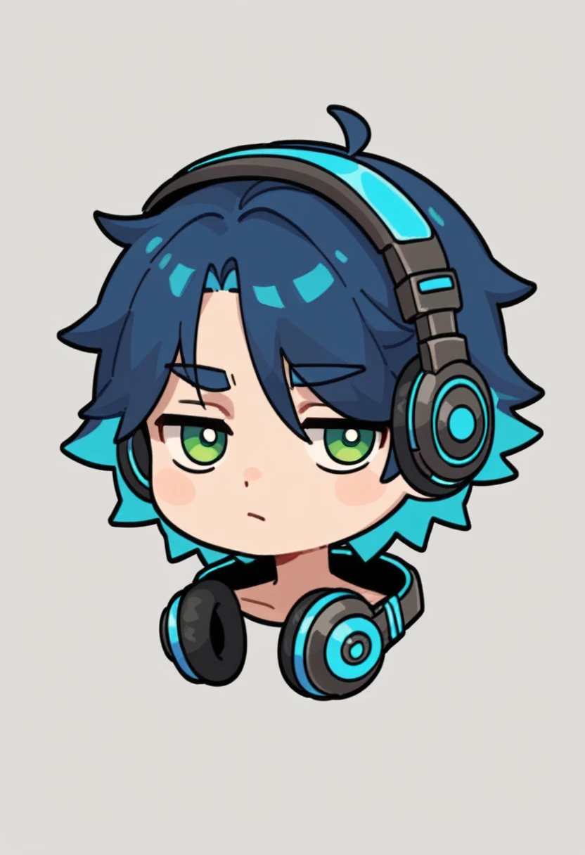 Expressiveh, chibiIcon, cartoon, 1male, very dark blue  hair, medium length hair, depressed mood, headphones , green eyes, chibi style, blue and neon pink colored details,